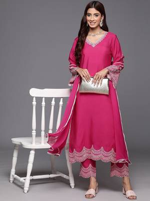 V-Neck Flared Sleeves Thread Work Straight Kurta With Trousers & Dupatta 7