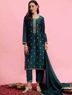 Ethnic Motifs Embroidered Sequinned Straight Kurta & Trousers With Dupatta 1