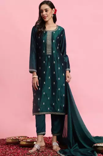 Ethnic Motifs Embroidered Sequinned Straight Kurta & Trousers With Dupatta