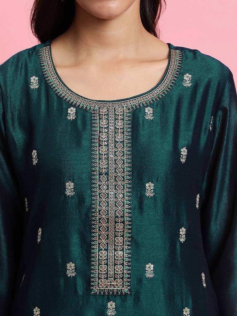 Ethnic Motifs Embroidered Sequinned Straight Kurta & Trousers With Dupatta