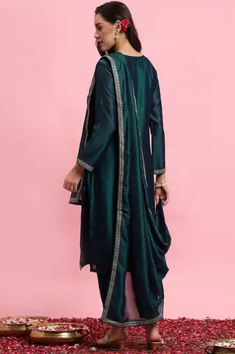 Ethnic Motifs Embroidered Sequinned Straight Kurta & Trousers With Dupatta