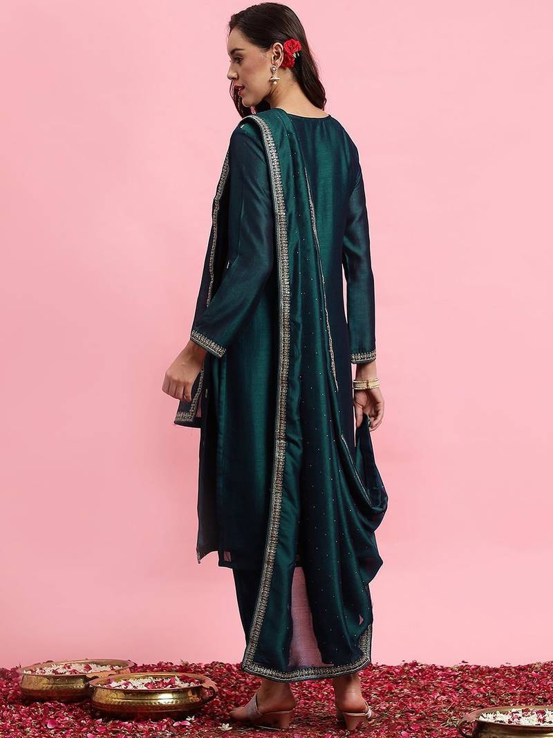 Ethnic Motifs Embroidered Sequinned Straight Kurta & Trousers With Dupatta