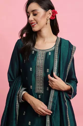 Ethnic Motifs Embroidered Sequinned Straight Kurta & Trousers With Dupatta