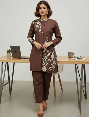 Women Floral Embroidered Regular Thread Work Linen Kurta with Trousers 1