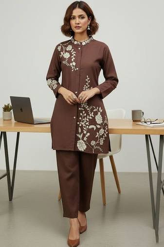Women Floral Embroidered Regular Thread Work Linen Kurta with Trousers