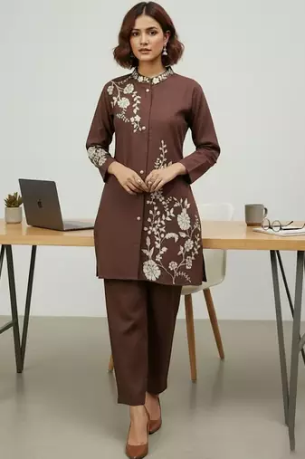 Women Floral Embroidered Regular Thread Work Linen Kurta with Trousers