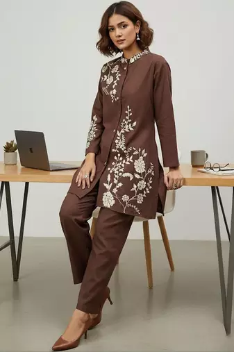 Women Floral Embroidered Regular Thread Work Linen Kurta with Trousers