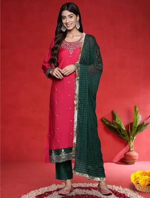 Women Ethnic Motifs Embroidered Regular Kurta with Trousers & Dupatta 1
