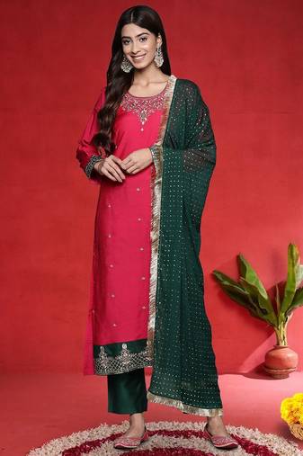 Women Ethnic Motifs Embroidered Regular Kurta with Trousers & Dupatta