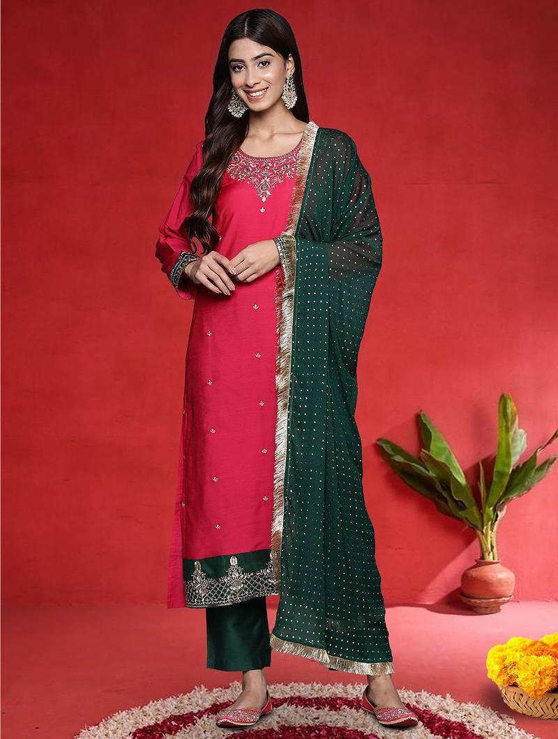 Women Ethnic Motifs Embroidered Regular Kurta with Trousers & Dupatta