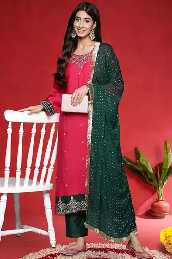 Women Ethnic Motifs Embroidered Regular Kurta with Trousers & Dupatta