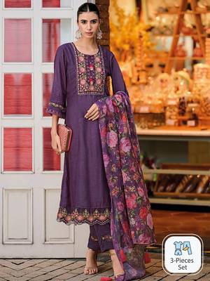 Floral Yoke Design Regular Thread Work A-Line Kurta with Trousers & With Dupatta 1