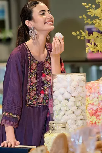 Floral Yoke Design Regular Thread Work A-Line Kurta with Trousers & With Dupatta