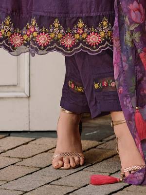 Floral Yoke Design Regular Thread Work A-Line Kurta with Trousers & With Dupatta 5