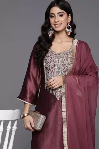 Ethnic Motifs Embroidered Zari Kurta with Palazzos & Dupatta