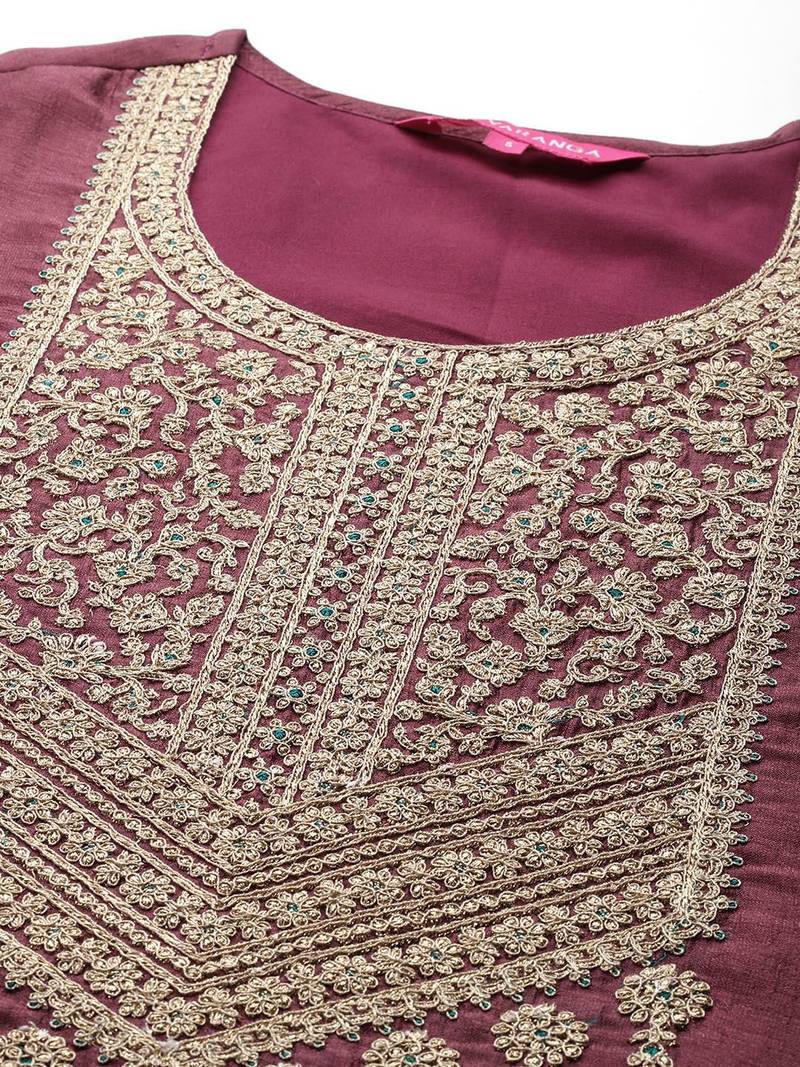 Ethnic Motifs Embroidered Zari Kurta with Palazzos & Dupatta