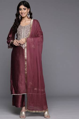 Ethnic Motifs Embroidered Zari Kurta with Palazzos & Dupatta