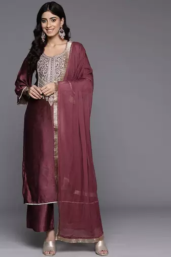 Ethnic Motifs Embroidered Zari Kurta with Palazzos & Dupatta