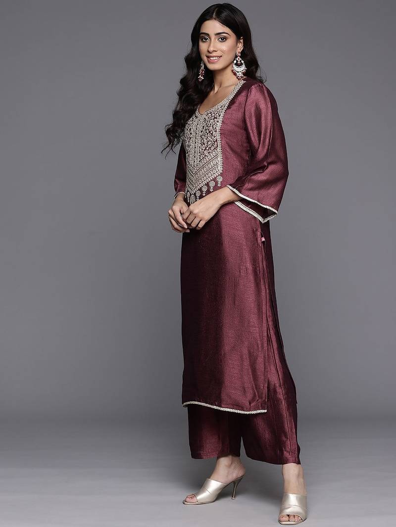 Ethnic Motifs Embroidered Zari Kurta with Palazzos & Dupatta