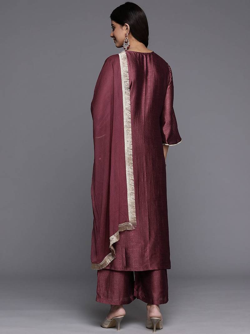 Ethnic Motifs Embroidered Zari Kurta with Palazzos & Dupatta