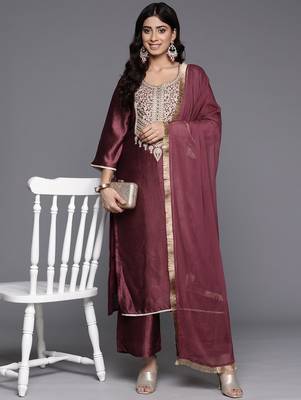 Ethnic Motifs Embroidered Zari Kurta with Palazzos & Dupatta 8