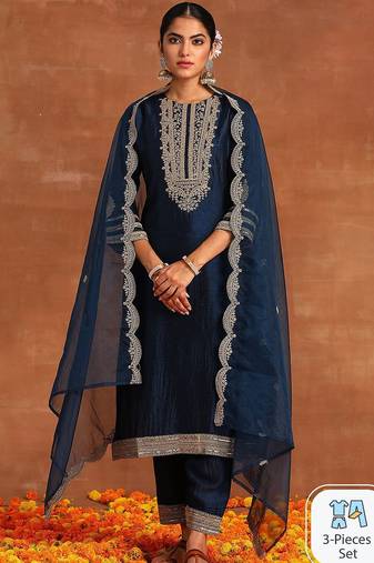 Navy Blue Ethnic Motifs Embroidered Kurta With Trousers & Dupatta
