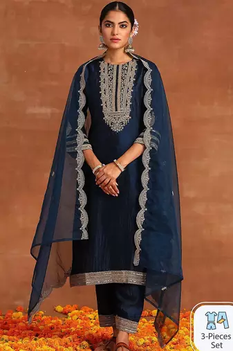Navy Blue Ethnic Motifs Embroidered Kurta With Trousers & Dupatta