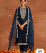Navy Blue Ethnic Motifs Embroidered Kurta With Trousers & Dupatta