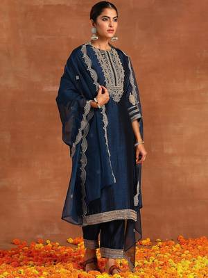 Navy Blue Ethnic Motifs Embroidered Kurta With Trousers & Dupatta 4