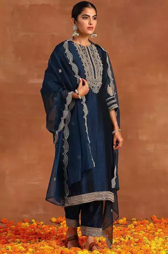 Navy Blue Ethnic Motifs Embroidered Kurta With Trousers & Dupatta