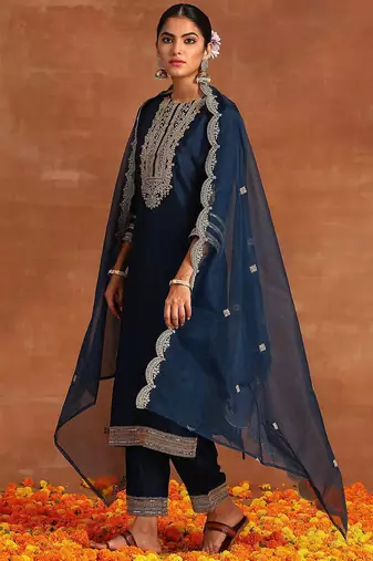 Navy Blue Ethnic Motifs Embroidered Kurta With Trousers & Dupatta