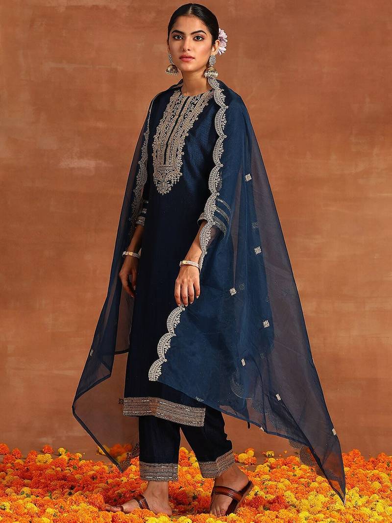 Navy Blue Ethnic Motifs Embroidered Kurta With Trousers & Dupatta