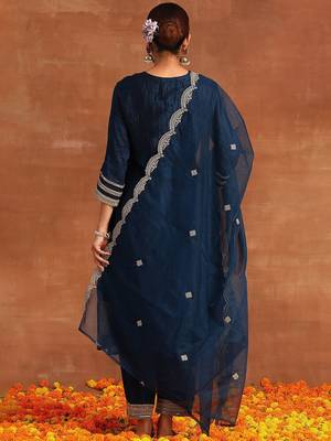 Navy Blue Ethnic Motifs Embroidered Kurta With Trousers & Dupatta 6
