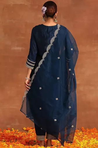 Navy Blue Ethnic Motifs Embroidered Kurta With Trousers & Dupatta