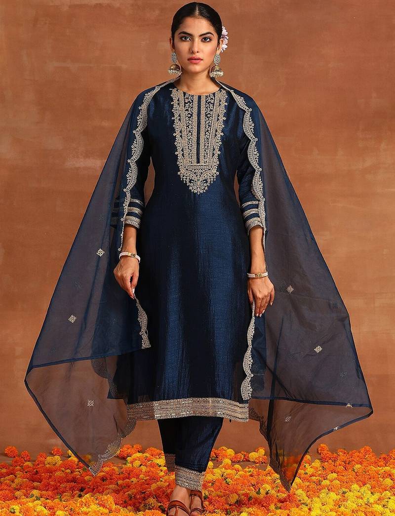 Navy Blue Ethnic Motifs Embroidered Kurta With Trousers & Dupatta