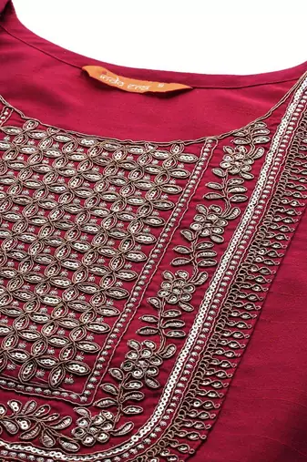 Women Floral Yoke Design Sequinned Chanderi Silk Kurta with Trousers & Dupatta
