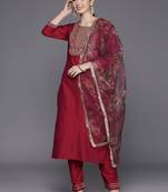 Women Floral Yoke Design Sequinned Chanderi Silk Kurta with Trousers & Dupatta