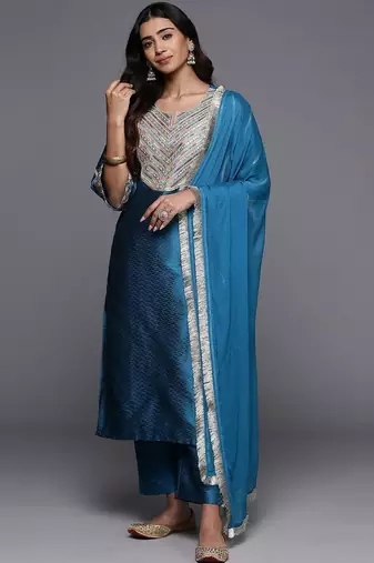 Woven Design Notch Neck Thread Work Straight Kurta With Trousers & Dupatta