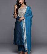 Woven Design Notch Neck Thread Work Straight Kurta With Trousers & Dupatta