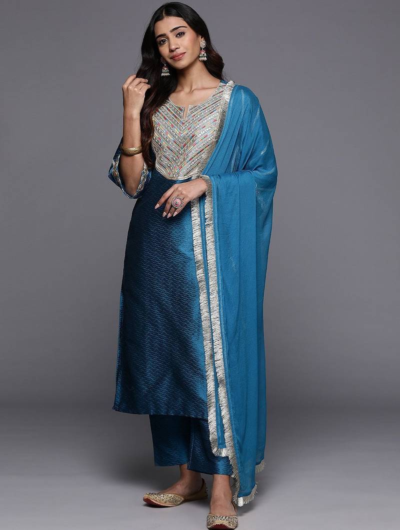 Woven Design Notch Neck Thread Work Straight Kurta With Trousers & Dupatta