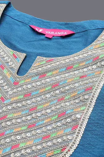 Woven Design Notch Neck Thread Work Straight Kurta With Trousers & Dupatta