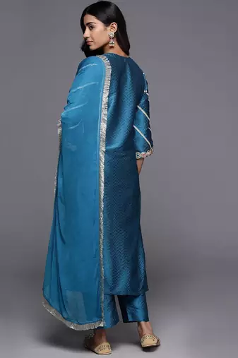 Woven Design Notch Neck Thread Work Straight Kurta With Trousers & Dupatta