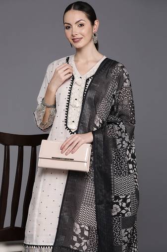Floral Embroidered Regular Thread Work Linen Kurta with Trousers & Dupatta