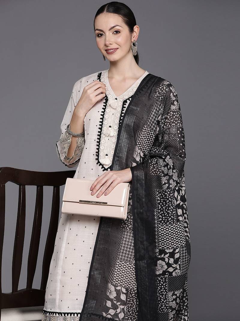 Floral Embroidered Regular Thread Work Linen Kurta with Trousers & Dupatta