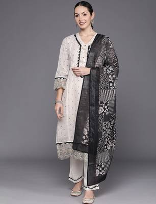 Floral Embroidered Regular Thread Work Linen Kurta with Trousers & Dupatta 5