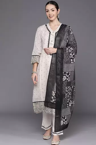 Floral Embroidered Regular Thread Work Linen Kurta with Trousers & Dupatta