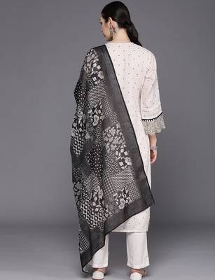 Floral Embroidered Regular Thread Work Linen Kurta with Trousers & Dupatta 7