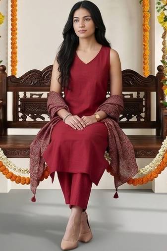 Women Ethnic Motifs Regular Kurta with Trousers & With Dupatta