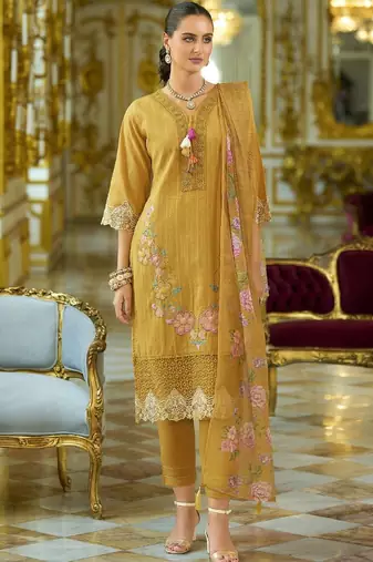 women floral embroidered regular thread work  cotton kurta with trousers & with dupatta