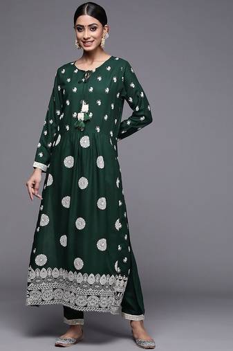 Women Green Ethnic Motifs Embroidered Kurta with Trousers